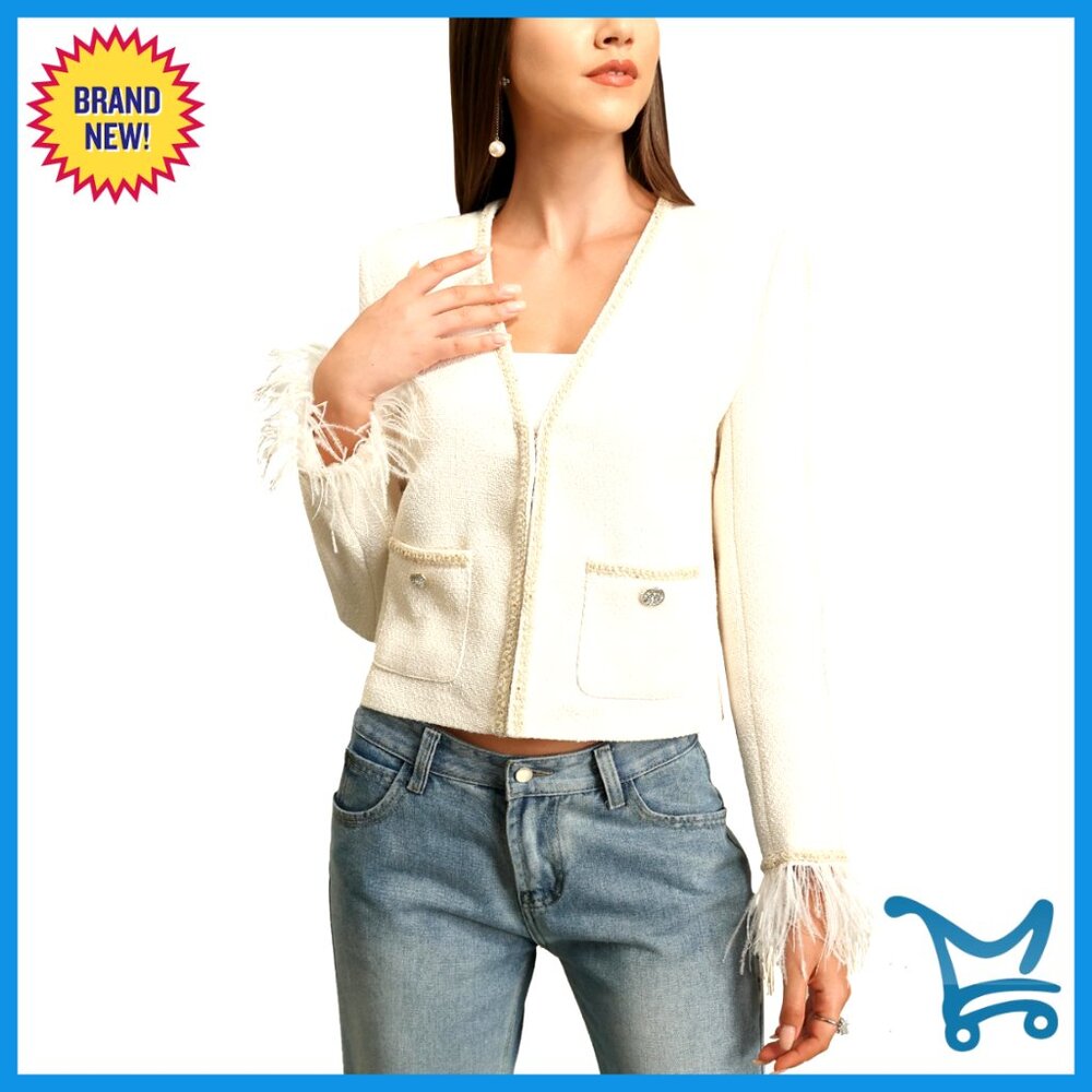 Tweed Cropped Blazer With Feather Trim, Long Sleeve V-Neck Jacket